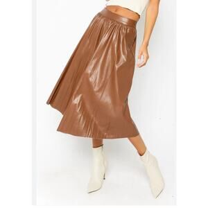 Pleated Faux Brown Leather Skirt Small